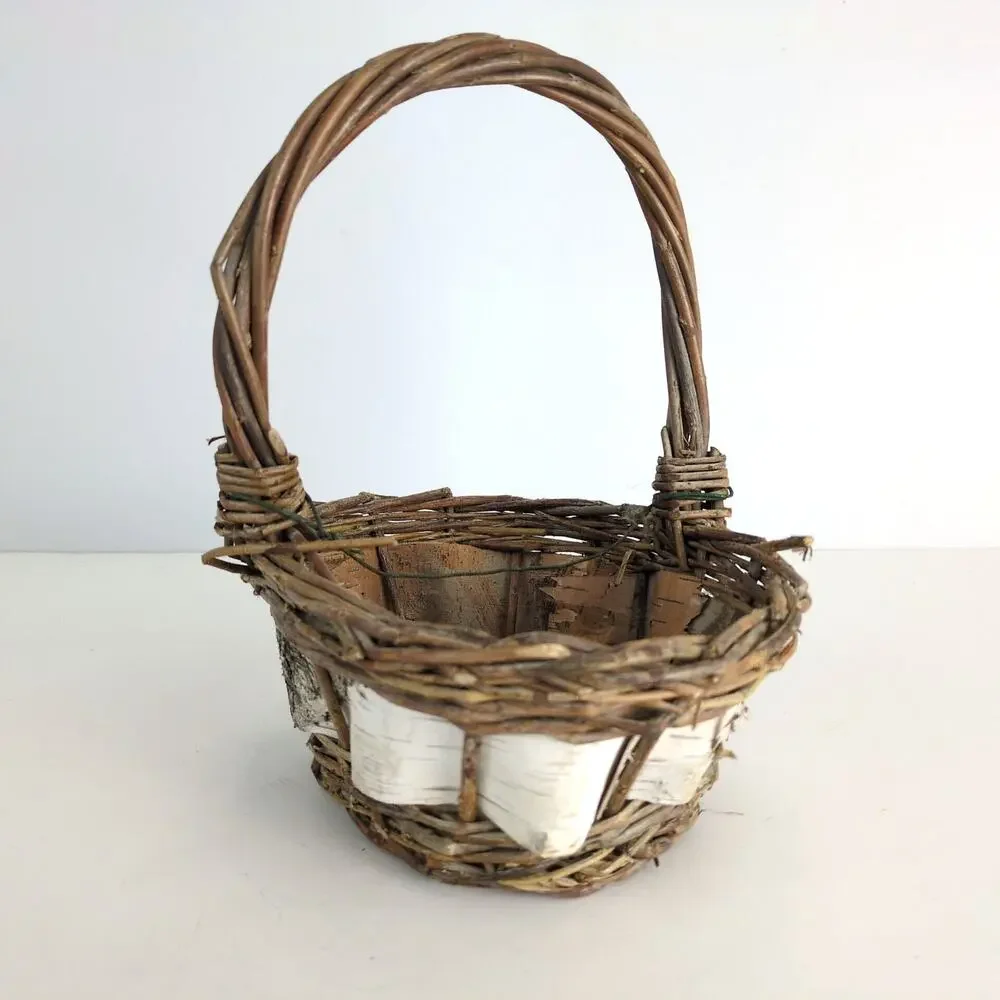 Vintage White Birch Bark‎ Lined Woven Willow Scandinavian-Style Foraging Basket